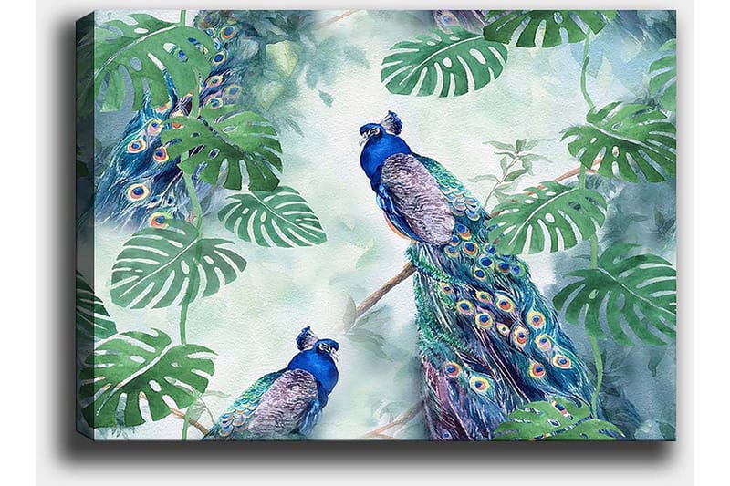 Canvas taulu 70x100 cm - Kaksi riikinkukkoa istumassa vihreiden kasvien keskellä eloisassa ja värikkäässä ympäristössä - Sininen / Vihreä / Turkoosi - Sisustustuotteet - Taulu & taide - Canvas-taulu