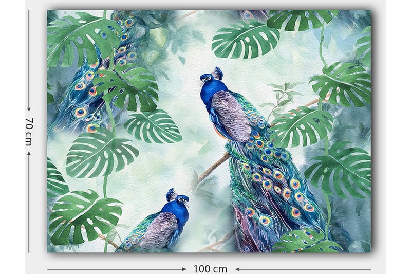 Canvas taulu 70x100 cm - Kaksi riikinkukkoa istumassa vihreiden kasvien keskellä eloisassa ja värikkäässä ympäristössä - Sininen / Vihreä / Turkoosi - Sisustustuotteet - Taulu & taide - Canvas-taulu