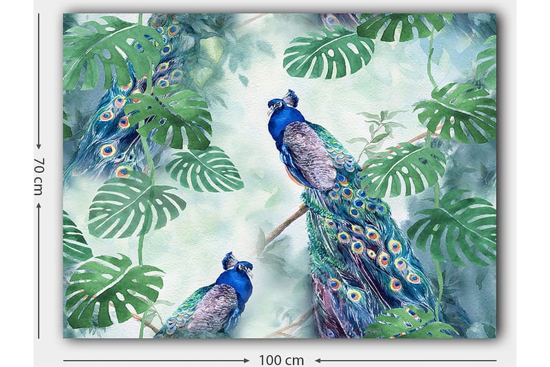 Canvas taulu 70x100 cm - Kaksi riikinkukkoa istumassa vihreiden kasvien keskellä eloisassa ja värikkäässä ympäristössä - Sininen / Vihreä / Turkoosi - Sisustustuotteet - Taulu & taide - Canvas-taulu