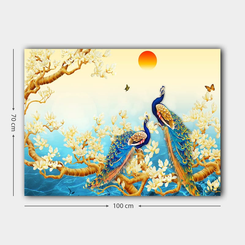 Canvas taulu 70x100 cm - Kaksi riikinkukkoa oksalla kukkien ja veden ympäröimänä - Sininen / Kulta / Valkoinen - Sisustustuotteet - Taulu & taide - Canvas-taulu