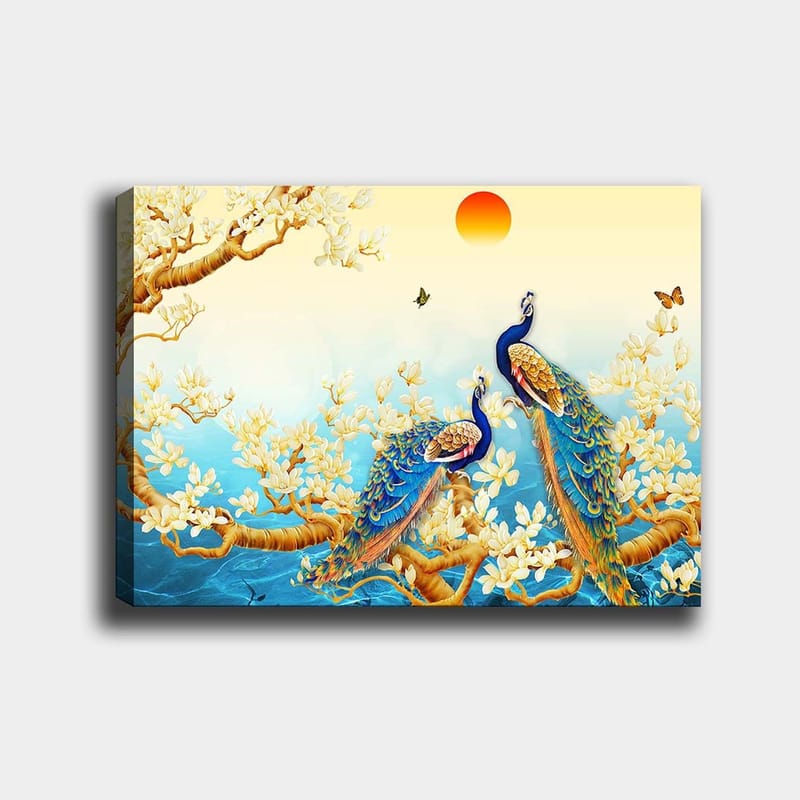 Canvas taulu 70x100 cm - Kaksi riikinkukkoa oksalla kukkien ja veden ympäröimänä, Sininen / Kulta / Valkoinen