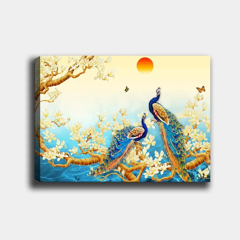 Canvas taulu 70x100 cm - Kaksi riikinkukkoa oksalla kukkien ja veden ympäröimänä, Sininen / Kulta / Valkoinen