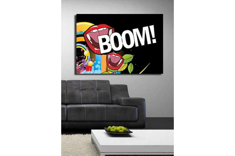 Canvas taulu 70x100 cm - Kaksi suurta, avointa suuta punaisine huulineen huutaen BOOM! värikkäässä ja eloisassa sommitelmassa - Punainen / Vihreä / Sininen - Sisustustuotteet - Taulu & taide - Canvas-taulu