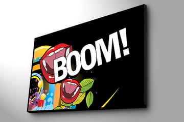 Canvas taulu 70x100 cm - Kaksi suurta, avointa suuta punaisine huulineen huutaen BOOM! värikkäässä ja eloisassa sommitelmassa - Punainen / Vihreä / Sininen - Sisustustuotteet - Taulu & taide - Canvas-taulu