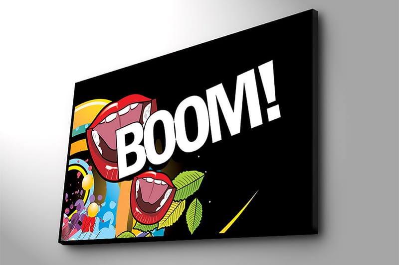Canvas taulu 70x100 cm - Kaksi suurta, avointa suuta punaisine huulineen huutaen BOOM! värikkäässä ja eloisassa sommitelmassa - Punainen / Vihreä / Sininen - Sisustustuotteet - Taulu & taide - Canvas-taulu