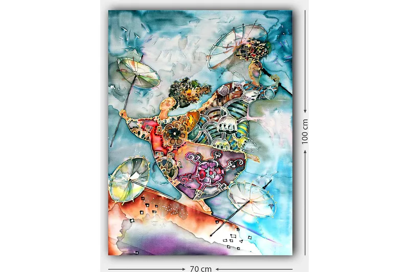 Canvas taulu 70x100 cm - Kaksi tanssivaa hahmoa sateenvarjojen kanssa värikkäässä ja eloisassa sommitelmassa - Sininen / Oranssi / Vihreä - Sisustustuotteet - Taulu & taide - Canvas-taulu