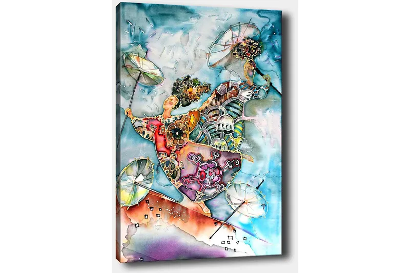 Canvas taulu 70x100 cm - Kaksi tanssivaa hahmoa sateenvarjojen kanssa värikkäässä ja eloisassa sommitelmassa - Sininen / Oranssi / Vihreä - Sisustustuotteet - Taulu & taide - Canvas-taulu