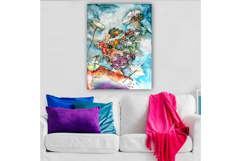 Canvas taulu 70x100 cm - Kaksi tanssivaa hahmoa sateenvarjojen kanssa värikkäässä ja eloisassa sommitelmassa, Sininen / Oranssi / Vihreä