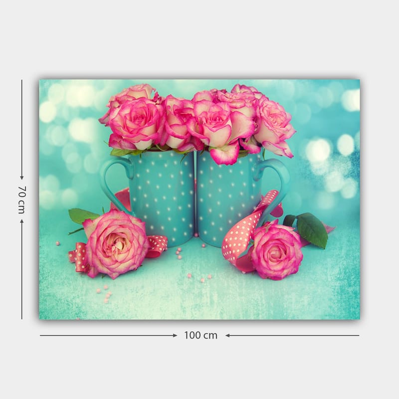 Canvas taulu 70x100 cm - Kaksi turkoosia mukia, joissa on vaaleanpunaisia ruusuja - Turkoosi / Vaaleanpunainen - Sisustustuotteet - Taulu & taide - Canvas-taulu