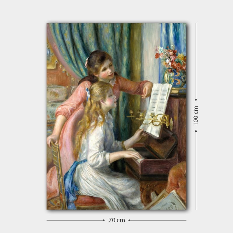 Canvas taulu 70x100 cm - Kaksi tyttöä soittamassa pianoa yhdessä, toinen tyttö osoittaa nuotteja - Vaaleanpunainen / Valkoinen / Sininen - Sisustustuotteet - Taulu & taide - Canvas-taulu