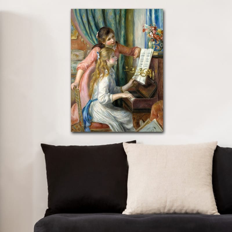 Canvas taulu 70x100 cm - Kaksi tyttöä soittamassa pianoa yhdessä, toinen tyttö osoittaa nuotteja - Vaaleanpunainen / Valkoinen / Sininen - Sisustustuotteet - Taulu & taide - Canvas-taulu