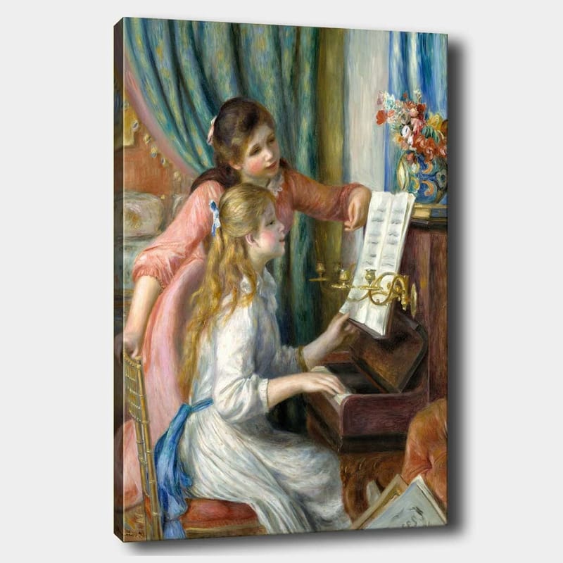 Canvas taulu 70x100 cm - Kaksi tyttöä soittamassa pianoa yhdessä, toinen tyttö osoittaa nuotteja, Vaaleanpunainen / Valkoinen / Sininen