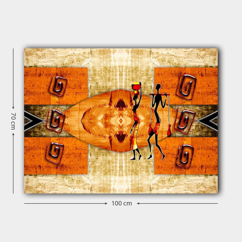 Canvas taulu 70x100 cm - Kaksi tyyliteltyä hahmoa kantamassa astioita, lämpimin värein abstraktien kuvioiden ympäröimänä - Oranssi / Punainen / Musta - Sisustustuotteet - Taulu & taide - Canvas-taulu
