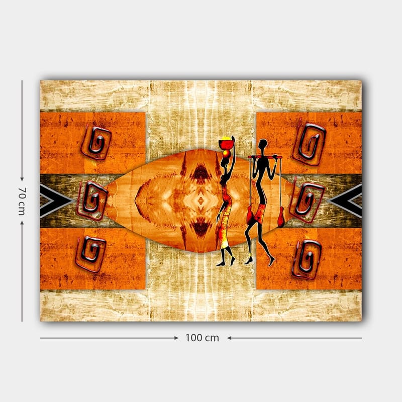 Canvas taulu 70x100 cm - Kaksi tyyliteltyä hahmoa kantamassa astioita, lämpimin värein abstraktien kuvioiden ympäröimänä - Oranssi / Punainen / Musta - Sisustustuotteet - Taulu & taide - Canvas-taulu
