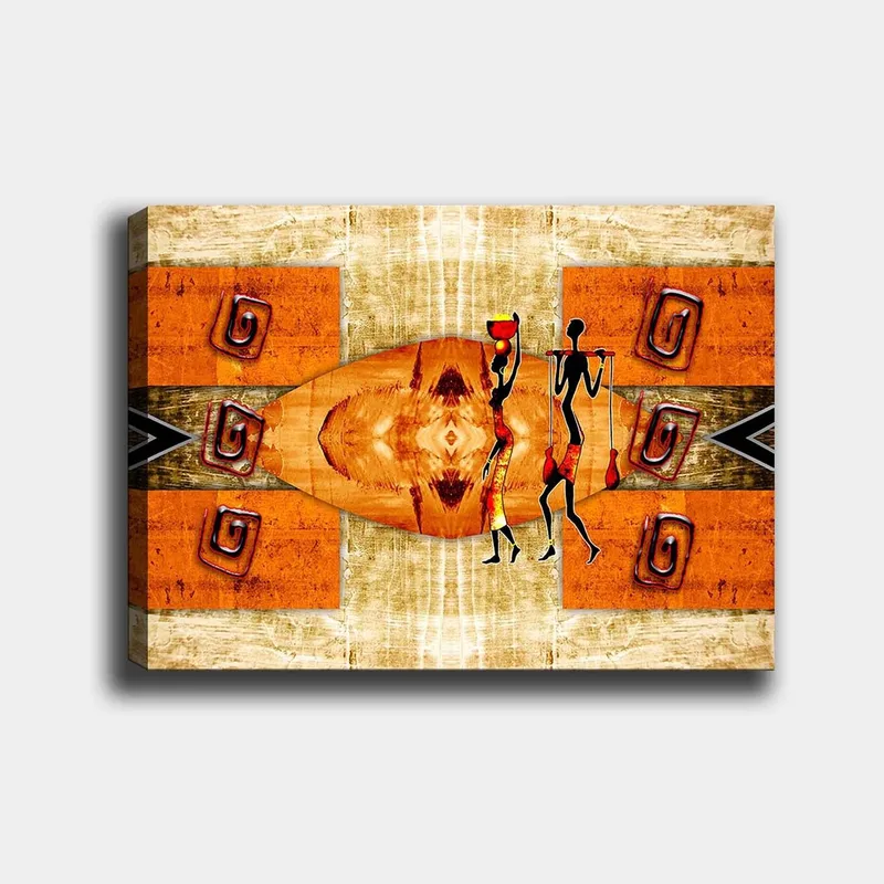 Canvas taulu 70x100 cm - Kaksi tyyliteltyä hahmoa kantamassa astioita, lämpimin värein abstraktien kuvioiden ympäröimänä, Oranssi / Punainen / Musta