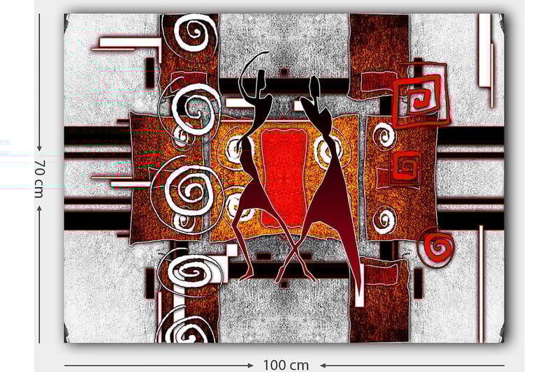 Canvas taulu 70x100 cm - Kaksi tyyliteltyä hahmoa tanssimassa abstraktissa spiraali- ja geometristen muotojen sommitelmassa - Punainen / Ruskea / Musta - Sisustustuotteet - Taulu & taide - Canvas-taulu