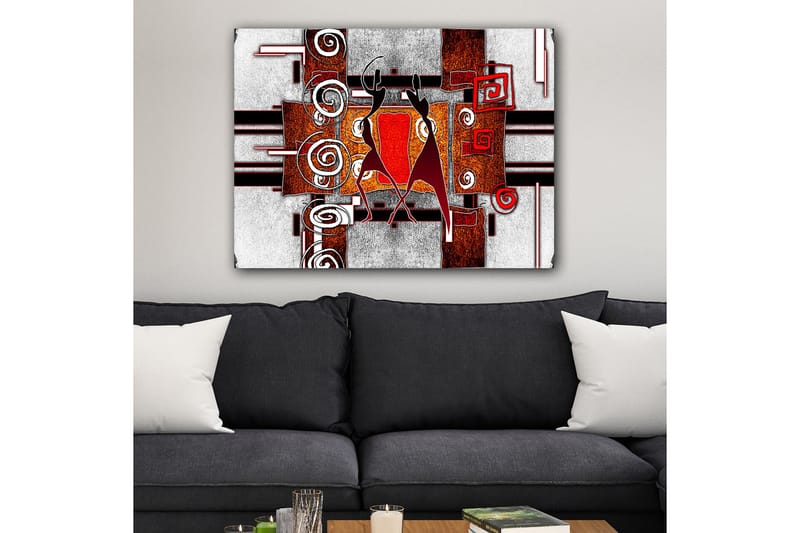 Canvas taulu 70x100 cm - Kaksi tyyliteltyä hahmoa tanssimassa abstraktissa spiraali- ja geometristen muotojen sommitelmassa - Punainen / Ruskea / Musta - Sisustustuotteet - Taulu & taide - Canvas-taulu