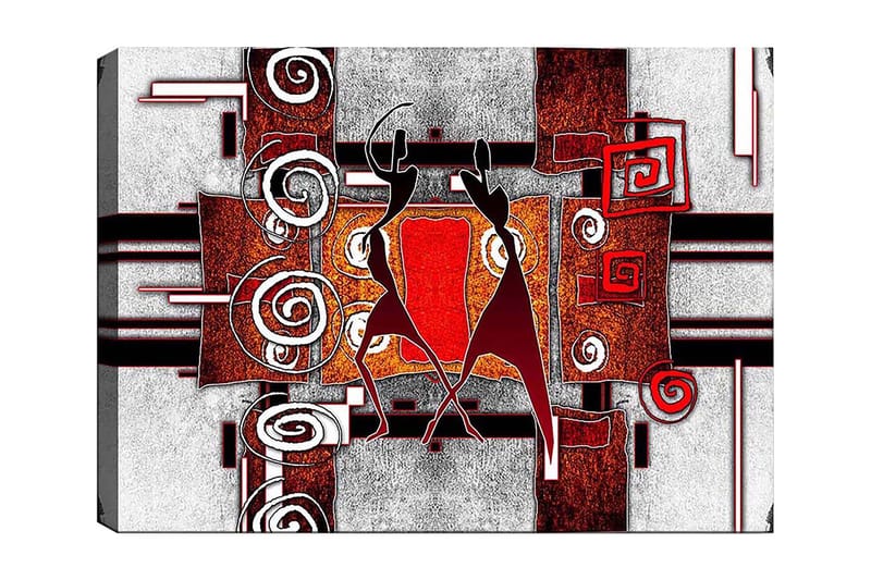 Canvas taulu 70x100 cm - Kaksi tyyliteltyä hahmoa tanssimassa abstraktissa spiraali- ja geometristen muotojen sommitelmassa, Punainen / Ruskea / Musta