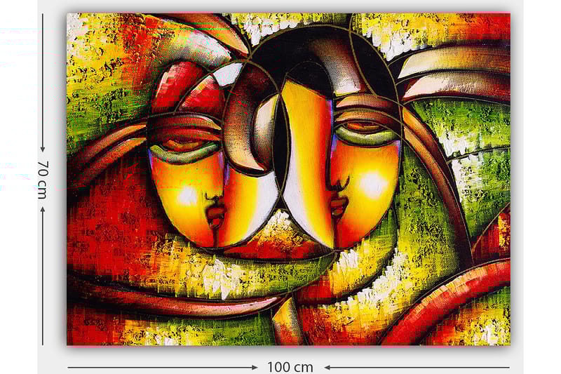 Canvas taulu 70x100 cm - Kaksi tyyliteltyä kasvoa, jotka ilmaisevat läheisyyttä ja yhteenkuuluvuutta - Punainen / Vihreä / Keltainen - Sisustustuotteet - Taulu & taide - Canvas-taulu