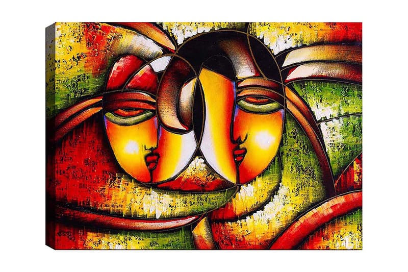 Canvas taulu 70x100 cm - Kaksi tyyliteltyä kasvoa, jotka ilmaisevat läheisyyttä ja yhteenkuuluvuutta, Punainen / Vihreä / Keltainen