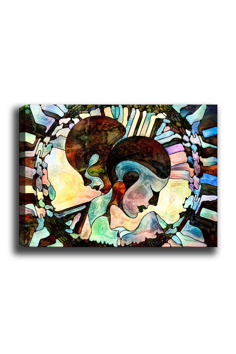 Canvas taulu 70x100 cm - Kaksi tyyliteltyä kasvoa yhdistyvät harmoniseksi sommitelmaksi, Tummanruskea / Vaaleansininen / Vihreä