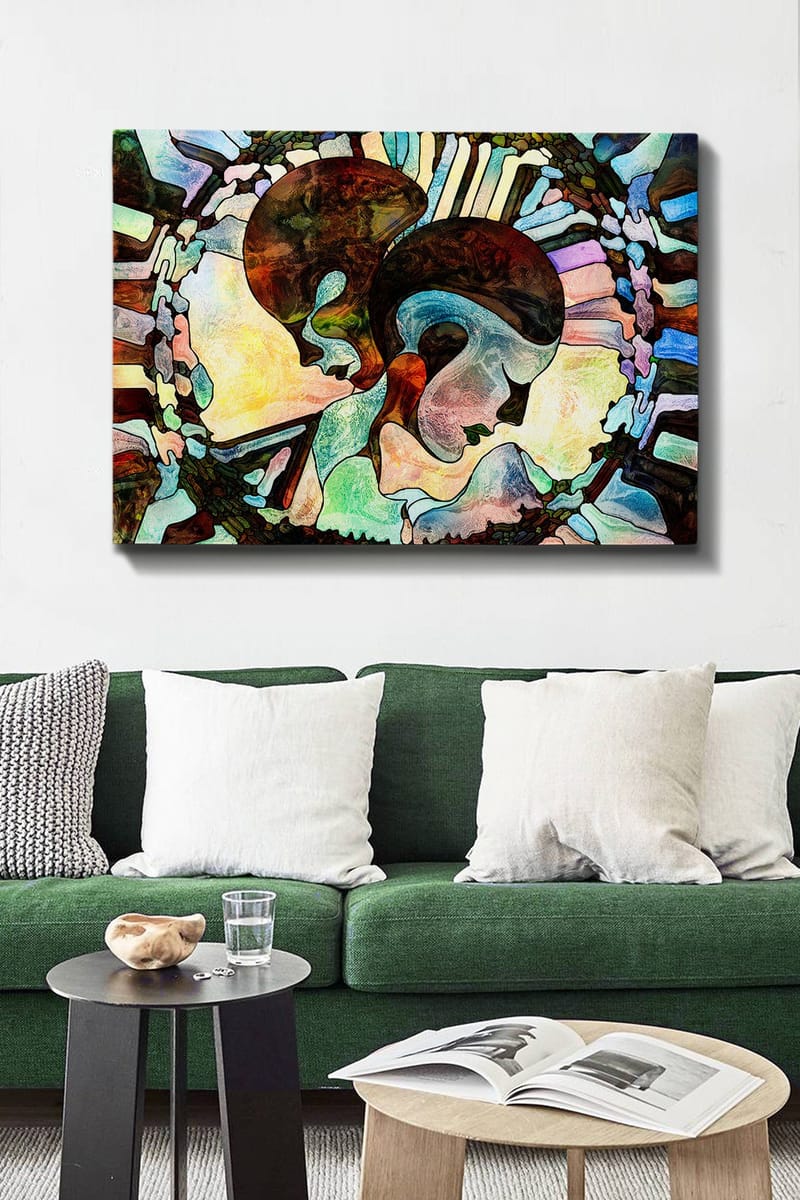 Canvas taulu 70x100 cm - Kaksi tyyliteltyä kasvoa yhdistyvät harmoniseksi sommitelmaksi - Tummanruskea / Vaaleansininen / Vihreä - Sisustustuotteet - Taulu & taide - Canvas-taulu