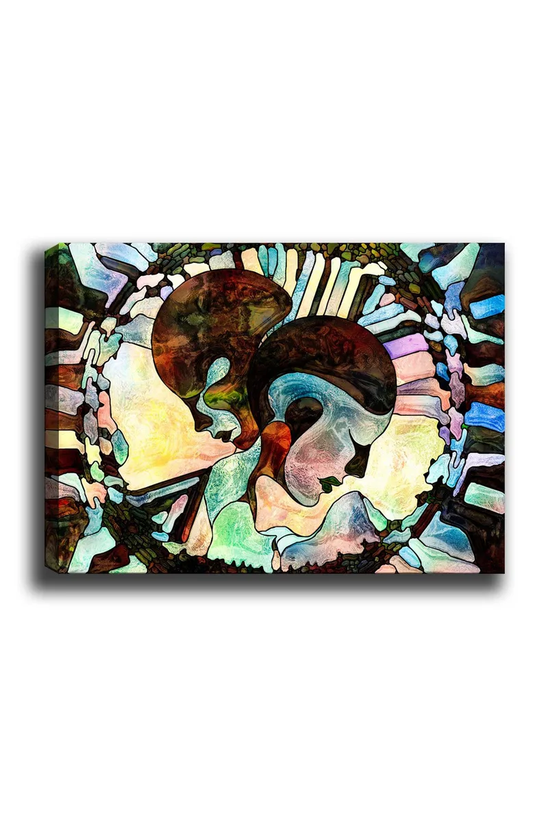 Canvas taulu 70x100 cm - Kaksi tyyliteltyä kasvoa yhdistyvät harmoniseksi sommitelmaksi, Tummanruskea / Vaaleansininen / Vihreä