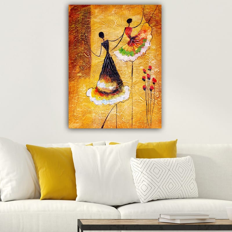 Canvas taulu 70x100 cm - Kaksi tyyliteltyä naista värikkäissä mekoissa tanssimassa yhdessä - Kulta / Musta / Punainen - Sisustustuotteet - Taulu & taide - Canvas-taulu