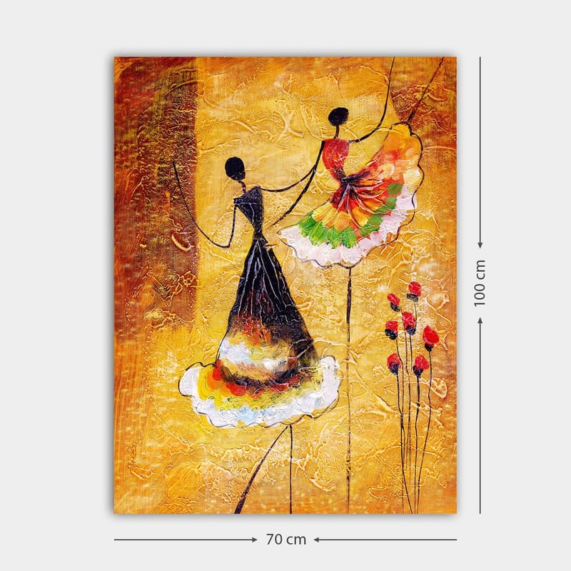 Canvas taulu 70x100 cm - Kaksi tyyliteltyä naista värikkäissä mekoissa tanssimassa yhdessä - Kulta / Musta / Punainen - Sisustustuotteet - Taulu & taide - Canvas-taulu