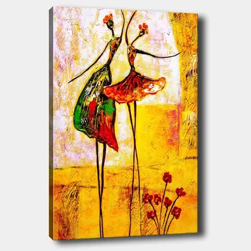 Canvas taulu 70x100 cm - Kaksi tyyliteltyä tanssijaa värikkäissä mekoissa, jotka ilmaisevat iloa ja liikettä - Punainen / Vihreä / Keltainen - Sisustustuotteet - Taulu & taide - Canvas-taulu