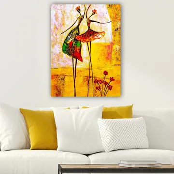 Canvas taulu 70x100 cm - Kaksi tyyliteltyä tanssijaa värikkäissä mekoissa, jotka ilmaisevat iloa ja liikettä - Punainen / Vihreä / Keltainen - Sisustustuotteet - Taulu & taide - Canvas-taulu