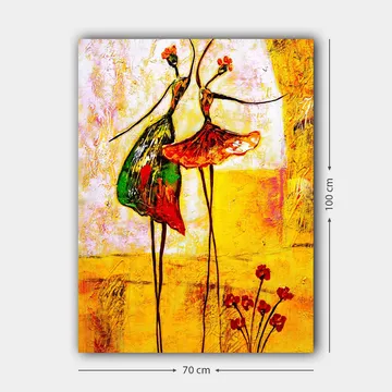 Canvas taulu 70x100 cm - Kaksi tyyliteltyä tanssijaa värikkäissä mekoissa, jotka ilmaisevat iloa ja liikettä - Punainen / Vihreä / Keltainen - Sisustustuotteet - Taulu & taide - Canvas-taulu