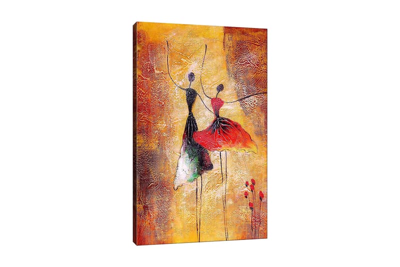 Canvas taulu 70x100 cm - Kaksi tyyliteltyä tanssijaa värikkäissä mekoissa, jotka ilmaisevat liikettä ja iloa, Punainen / Musta / Oranssi