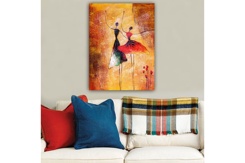 Canvas taulu 70x100 cm - Kaksi tyyliteltyä tanssijaa värikkäissä mekoissa, jotka ilmaisevat liikettä ja iloa - Punainen / Musta / Oranssi - Sisustustuotteet - Taulu & taide - Canvas-taulu