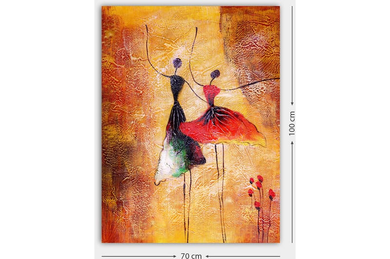 Canvas taulu 70x100 cm - Kaksi tyyliteltyä tanssijaa värikkäissä mekoissa, jotka ilmaisevat liikettä ja iloa - Punainen / Musta / Oranssi - Sisustustuotteet - Taulu & taide - Canvas-taulu