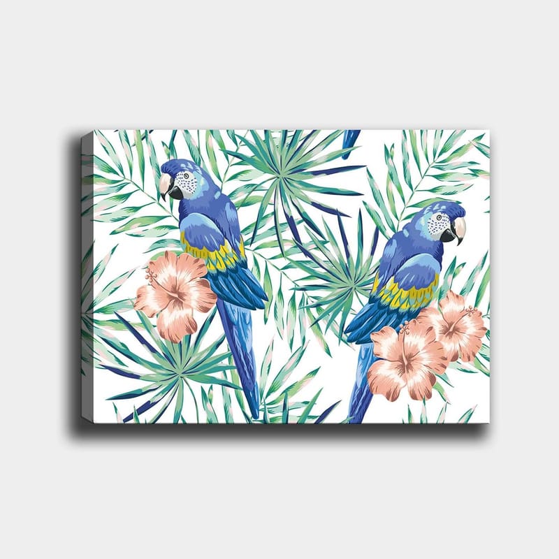 Canvas taulu 70x100 cm - Kaksi värikästä papukaijaa trooppisten kasvien ja kukkien ympäröimänä, Sininen / Vihreä / Vaaleanpunainen