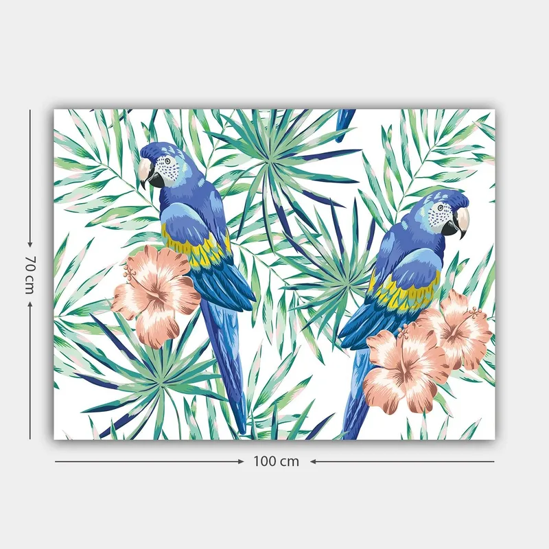 Canvas taulu 70x100 cm - Kaksi värikästä papukaijaa trooppisten kasvien ja kukkien ympäröimänä - Sininen / Vihreä / Vaaleanpunainen - Sisustustuotteet - Taulu & taide - Canvas-taulu