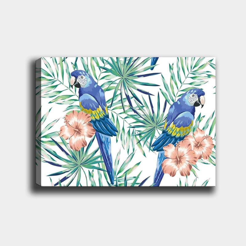 Canvas taulu 70x100 cm - Kaksi värikästä papukaijaa trooppisten kasvien ja kukkien ympäröimänä, Sininen / Vihreä / Vaaleanpunainen