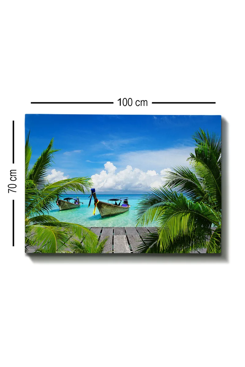 Canvas taulu 70x100 cm - Kaksi venettä kirkkaassa turkoosissa vedessä palmujen ja puisen laiturin ympäröimänä - Turkoosi / Vihreä / Sininen - Sisustustuotteet - Taulu & taide - Canvas-taulu