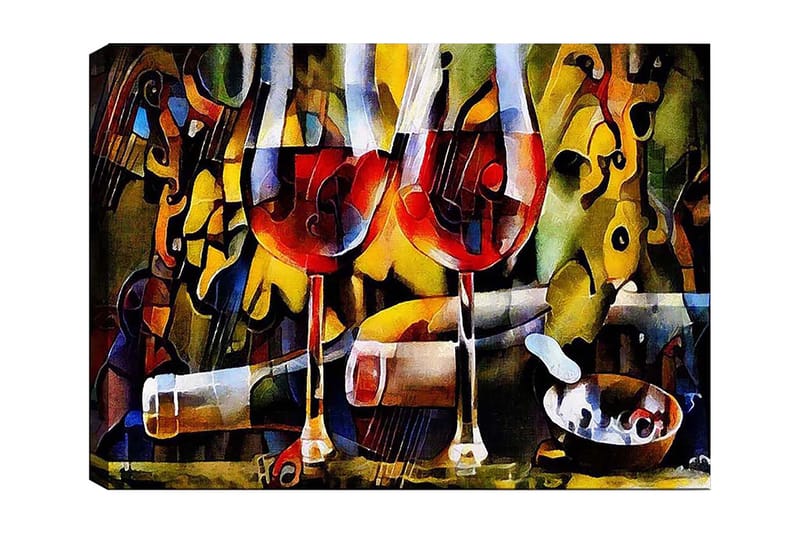 Canvas taulu 70x100 cm - Kaksi viinilasia punaisella nesteellä, abstraktien musiikillisten ja värikkäiden elementtien ympäröimänä, Punainen / Keltainen / Vihreä