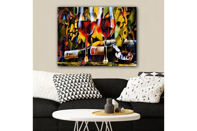 Canvas taulu 70x100 cm - Kaksi viinilasia punaisella nesteellä, abstraktien musiikillisten ja värikkäiden elementtien ympäröimänä - Punainen / Keltainen / Vihreä - Sisustustuotteet - Taulu & taide - Canvas-taulu
