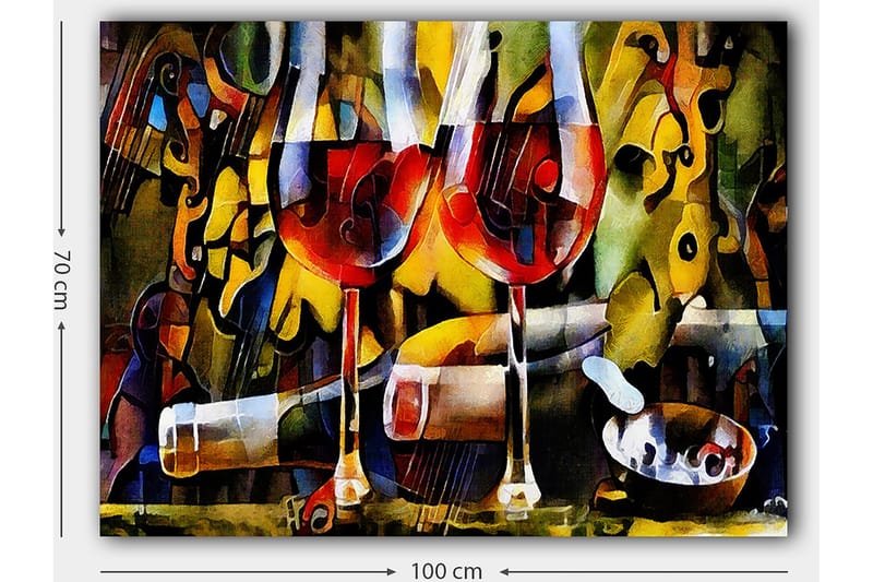 Canvas taulu 70x100 cm - Kaksi viinilasia punaisella nesteellä, abstraktien musiikillisten ja värikkäiden elementtien ympäröimänä - Punainen / Keltainen / Vihreä - Sisustustuotteet - Taulu & taide - Canvas-taulu