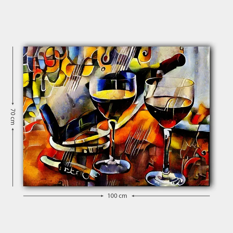 Canvas taulu 70x100 cm - Kaksi viinilasia punaviinillä ja viinipullo, musiikkielementtien ympäröimänä - Punainen / Keltainen / Sininen - Sisustustuotteet - Taulu & taide - Canvas-taulu