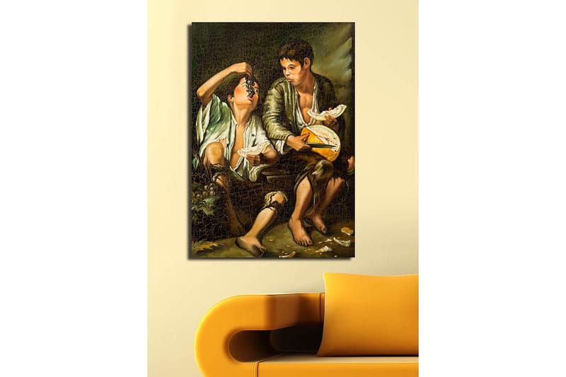 Canvas taulu 70x100 cm - Kaksi poikaa jakavat hedelmä- ja juustoaterian - Vihreä / Ruskea / Beige - Sisustustuotteet - Taulu & taide - Canvas-taulu