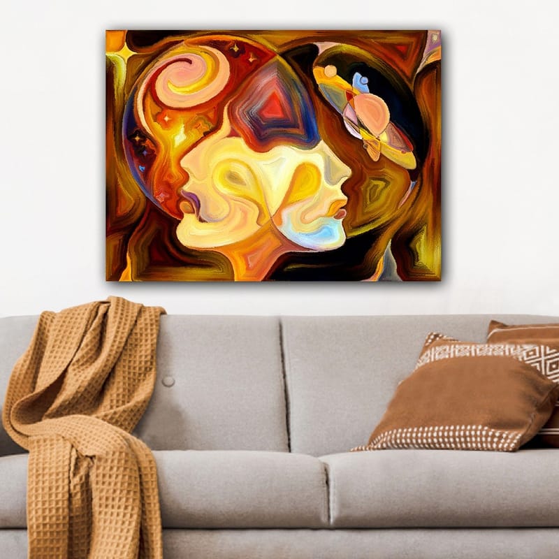 Canvas taulu 70x100 cm - Kaksi profiilikuvaa yhdistettynä abstraktiin sommitelmaan tilan elementeillä - Kulta / Oranssi / Ruskea - Sisustustuotteet - Taulu & taide - Canvas-taulu