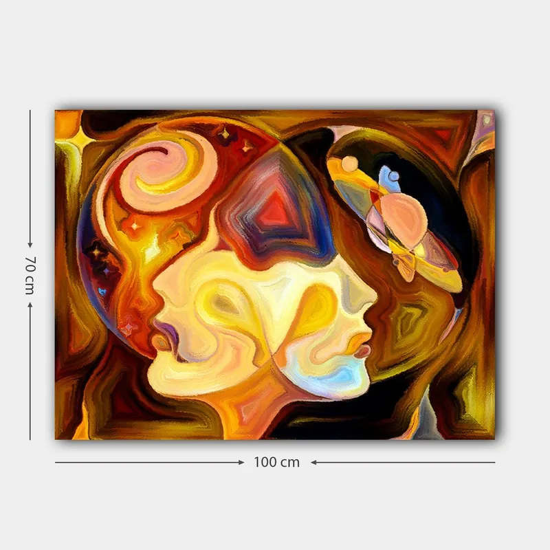Canvas taulu 70x100 cm - Kaksi profiilikuvaa yhdistettynä abstraktiin sommitelmaan tilan elementeillä - Kulta / Oranssi / Ruskea - Sisustustuotteet - Taulu & taide - Canvas-taulu