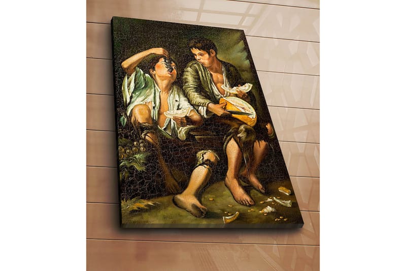Canvas taulu 70x100 cm - Kaksi poikaa jakavat hedelmä- ja juustoaterian - Vihreä / Ruskea / Beige - Sisustustuotteet - Taulu & taide - Canvas-taulu
