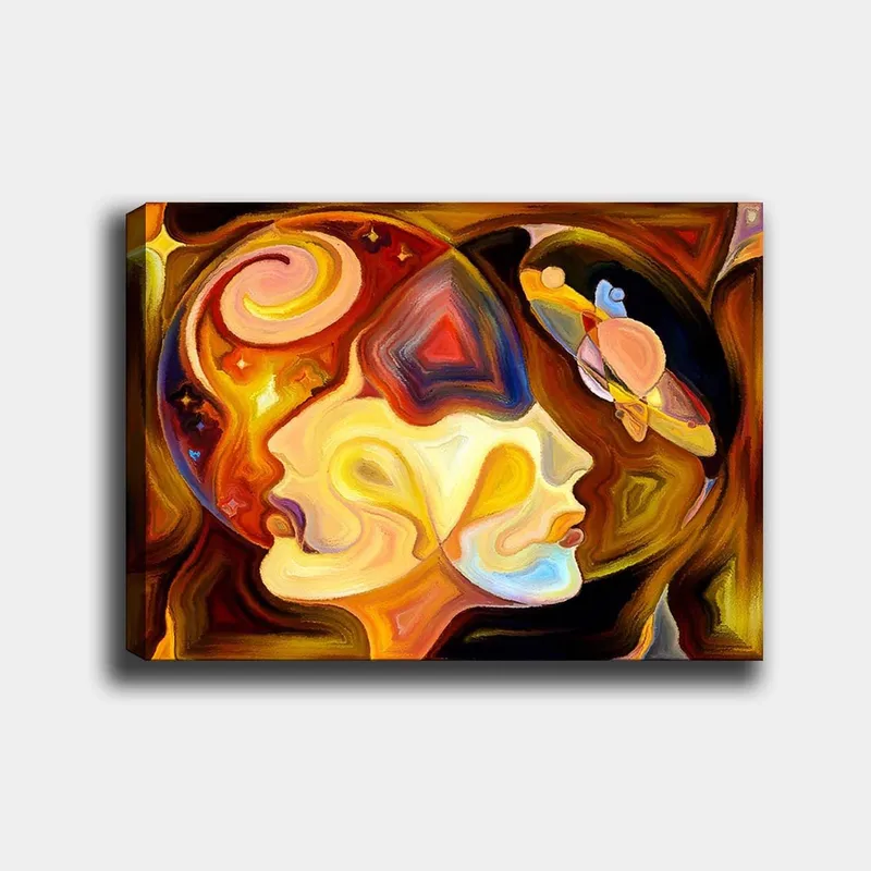 Canvas taulu 70x100 cm - Kaksi profiilikuvaa yhdistettynä abstraktiin sommitelmaan tilan elementeillä, Kulta / Oranssi / Ruskea