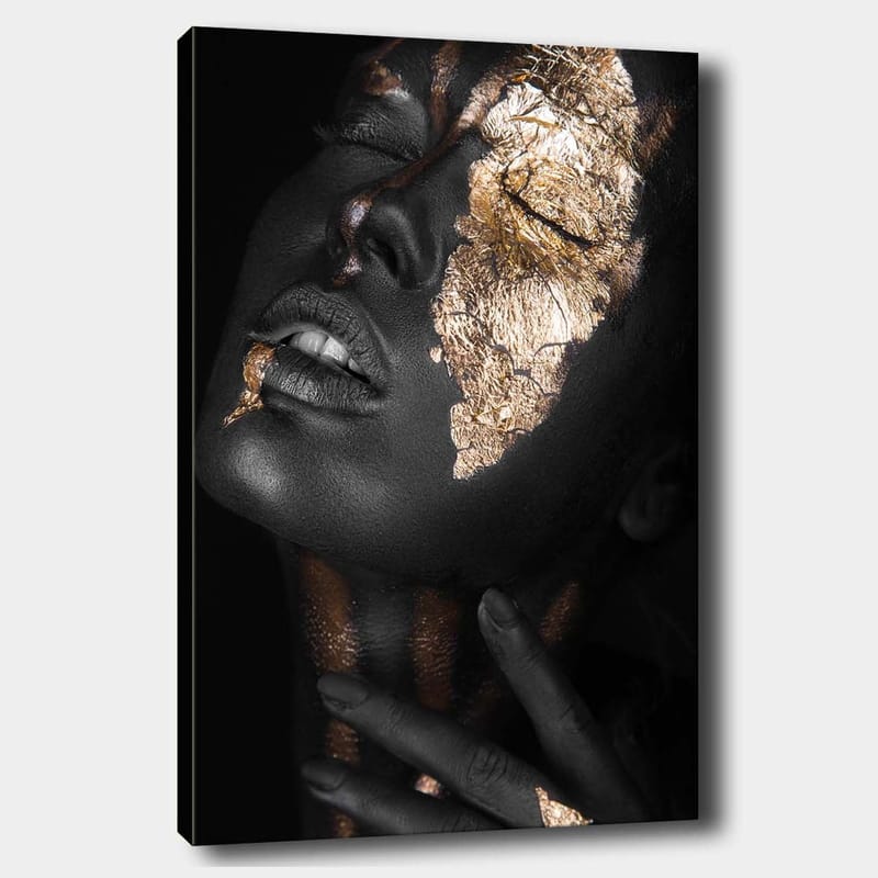 Canvas taulu 70x100 cm - Kasvokuva kultalehdellä, joka korostaa kasvojen ääriviivoja ja ilmettä, Musta / Kulta