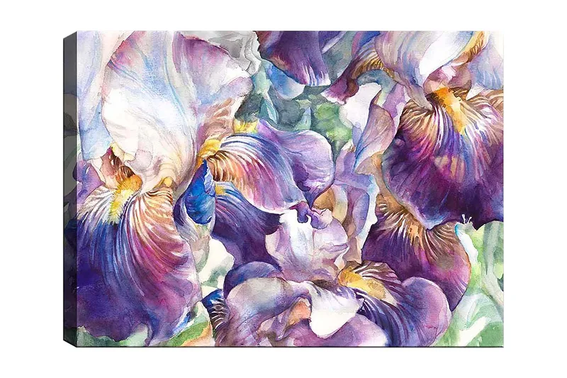 Canvas taulu 70x100 cm - Kauniit iiriksenkukat värikkäässä sommitelmassa, Violetti / Valkoinen / Keltainen